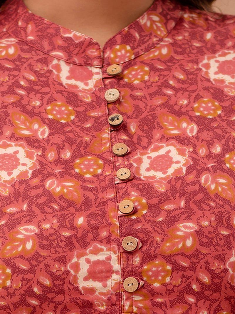 Floral Printed Pure Cotton Pleated A-Line Kurti
