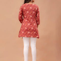 Floral Printed V-Neck Pure Cotton Angrakha A-Line Kurti
