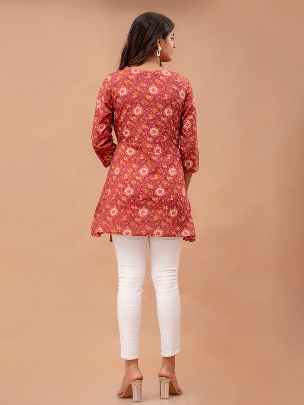 Floral Printed V-Neck Pure Cotton Angrakha A-Line Kurti