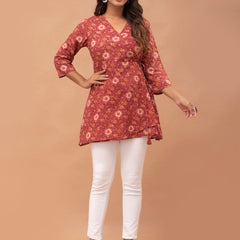 Floral Printed V-Neck Pure Cotton Angrakha A-Line Kurti