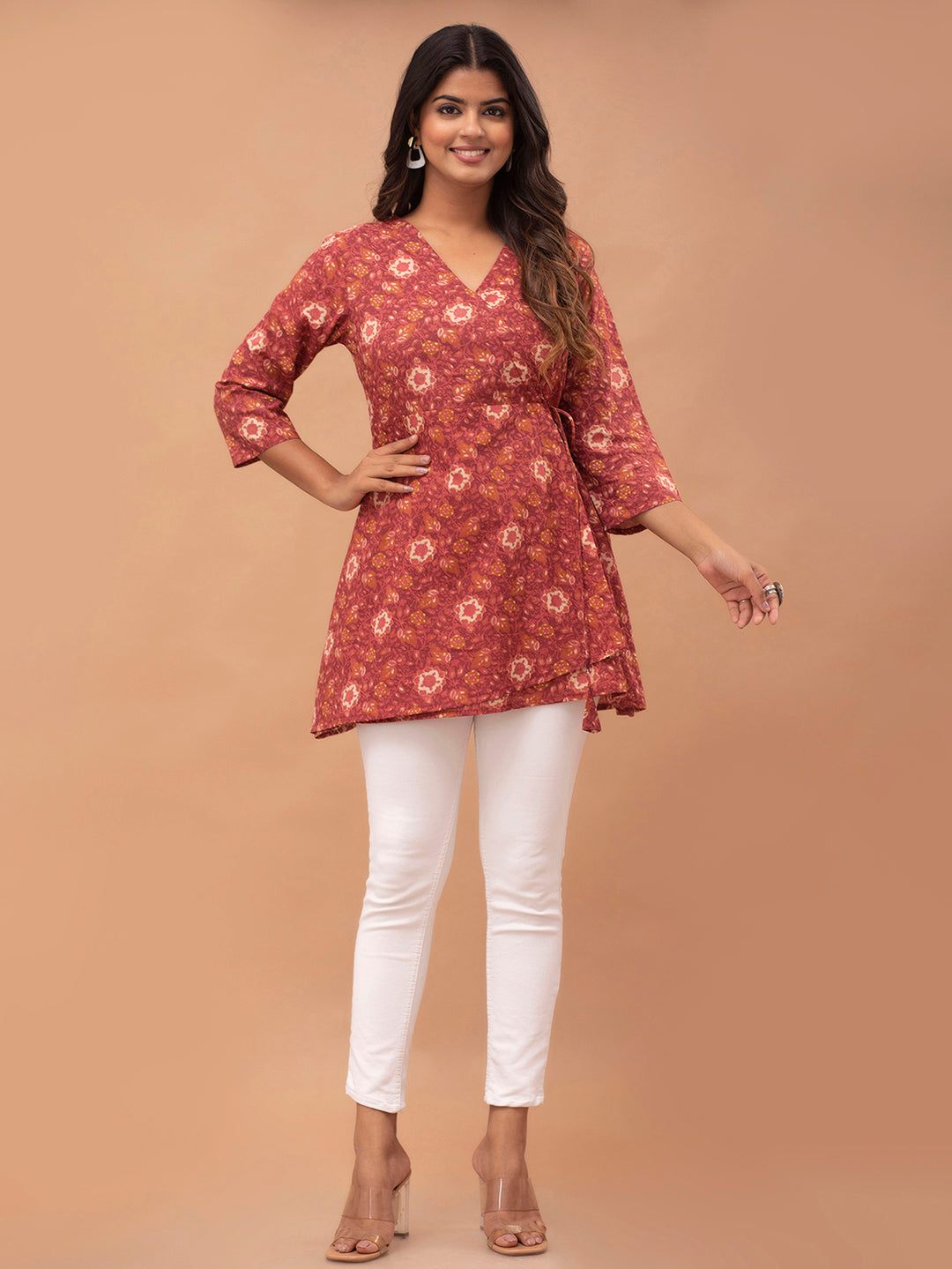 Floral Printed V-Neck Pure Cotton Angrakha A-Line Kurti FRKT6276