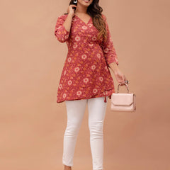 Floral Printed V-Neck Pure Cotton Angrakha A-Line Kurti