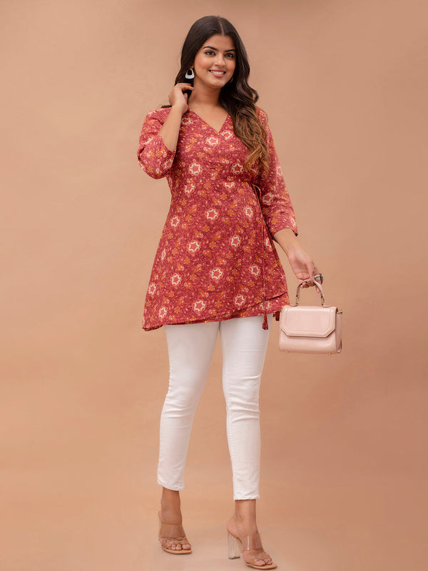 Floral Printed V-Neck Pure Cotton Angrakha A-Line Kurti
