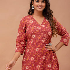Floral Printed V-Neck Pure Cotton Angrakha A-Line Kurti