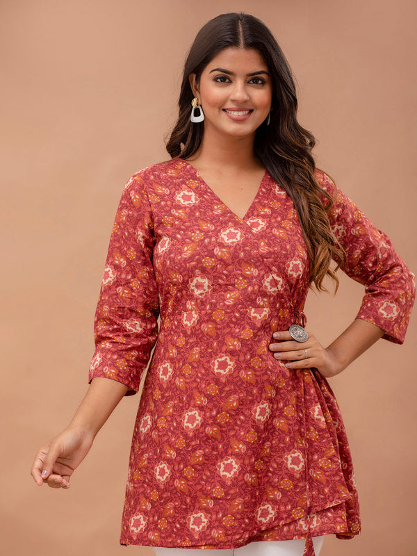 Floral Printed V-Neck Pure Cotton Angrakha A-Line Kurti