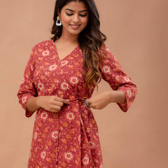 Floral Printed V-Neck Pure Cotton Angrakha A-Line Kurti