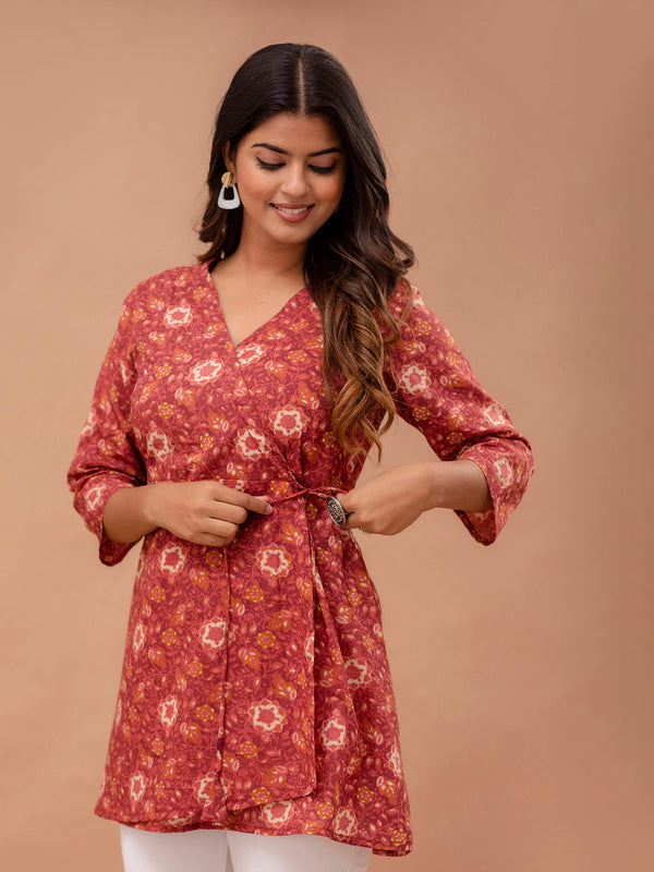 Floral Printed V-Neck Pure Cotton Angrakha A-Line Kurti