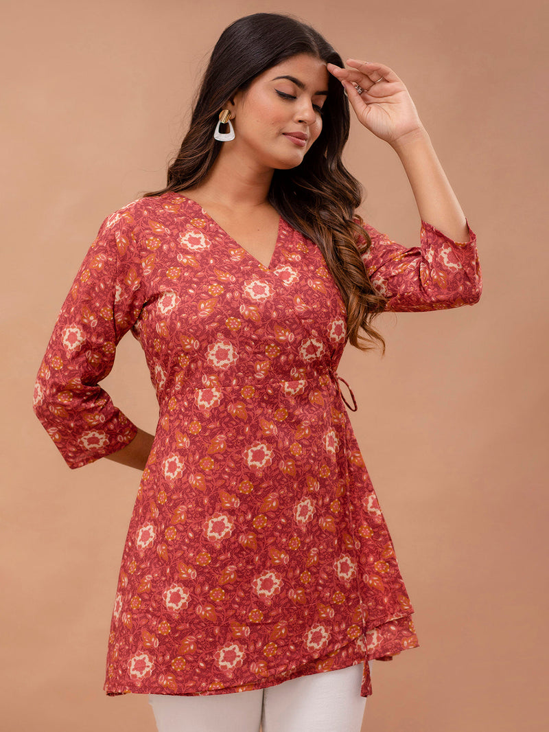 Floral Printed V-Neck Pure Cotton Angrakha A-Line Kurti