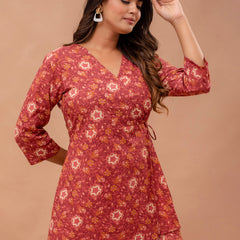 Floral Printed V-Neck Pure Cotton Angrakha A-Line Kurti