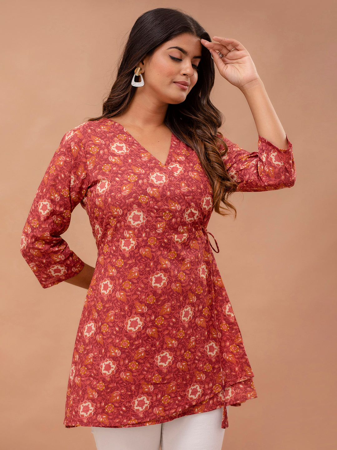 Floral Printed V-Neck Pure Cotton Angrakha A-Line Kurti FRKT6276