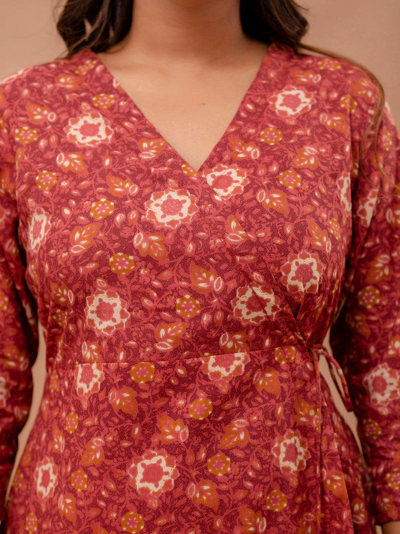 Floral Printed V-Neck Pure Cotton Angrakha A-Line Kurti