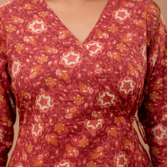Floral Printed V-Neck Pure Cotton Angrakha A-Line Kurti