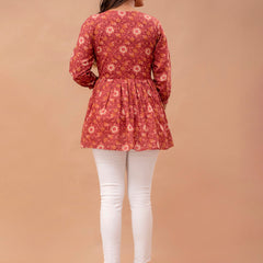 Floral Printed V-Neck Pure Cotton Pleated A-Line Kurti