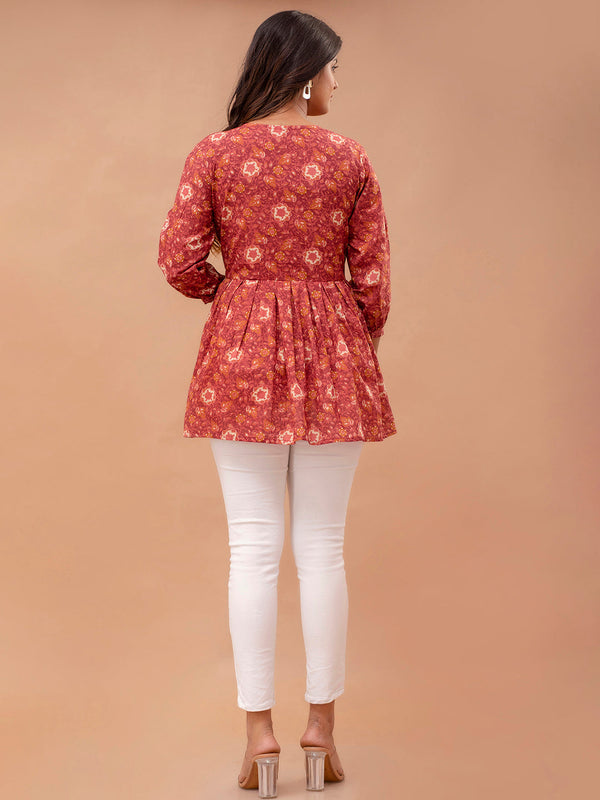 Floral Printed V-Neck Pure Cotton Pleated A-Line Kurti