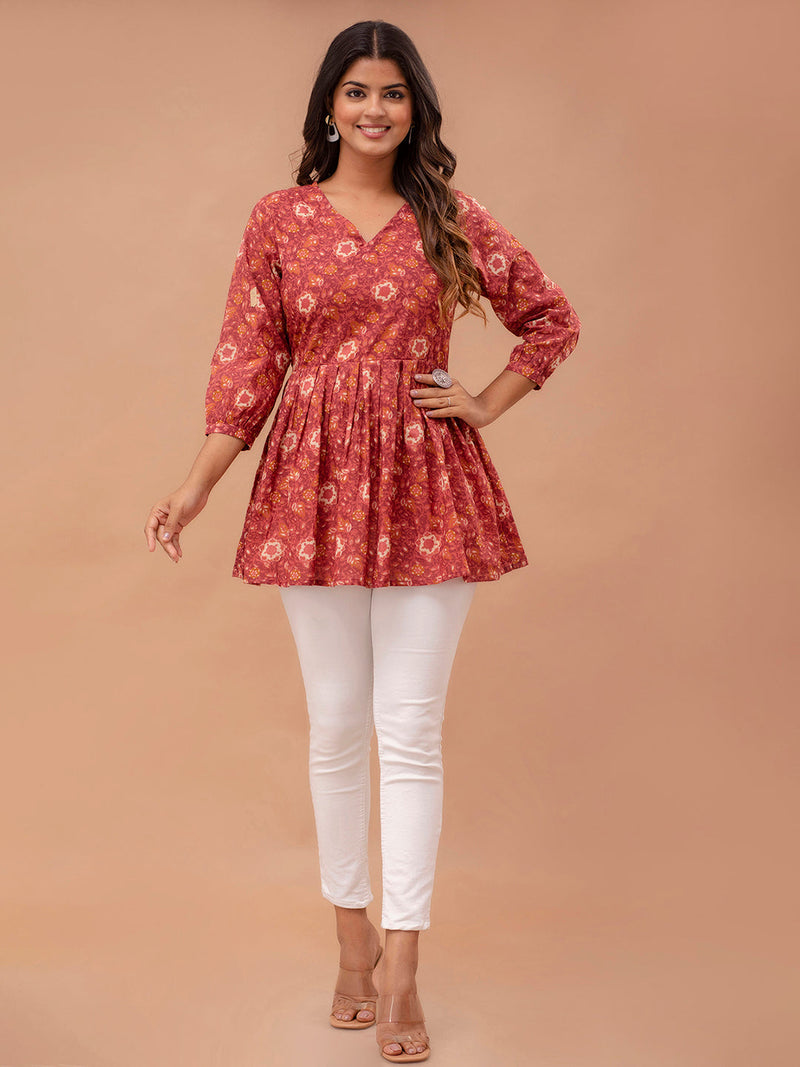 Floral Printed V-Neck Pure Cotton Pleated A-Line Kurti