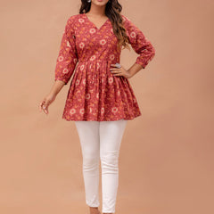 Floral Printed V-Neck Pure Cotton Pleated A-Line Kurti