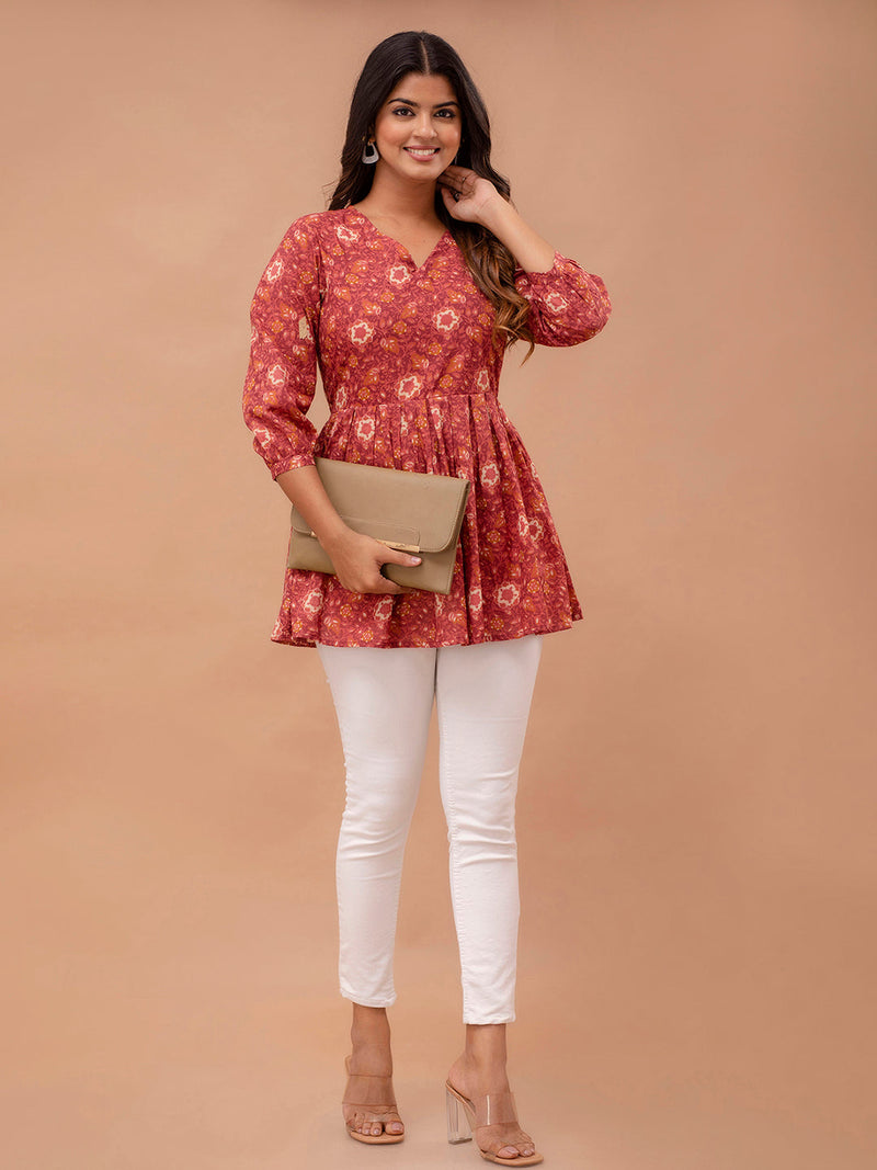 Floral Printed V-Neck Pure Cotton Pleated A-Line Kurti