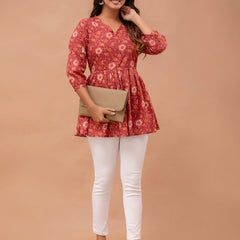 Floral Printed V-Neck Pure Cotton Pleated A-Line Kurti