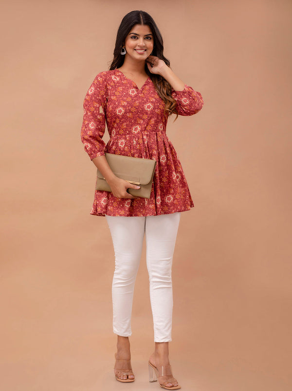 Floral Printed V-Neck Pure Cotton Pleated A-Line Kurti
