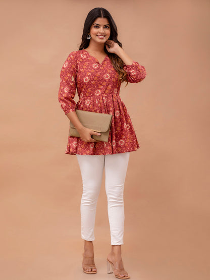 Floral Printed V-Neck Pure Cotton Pleated A-Line Kurti FRKT6298