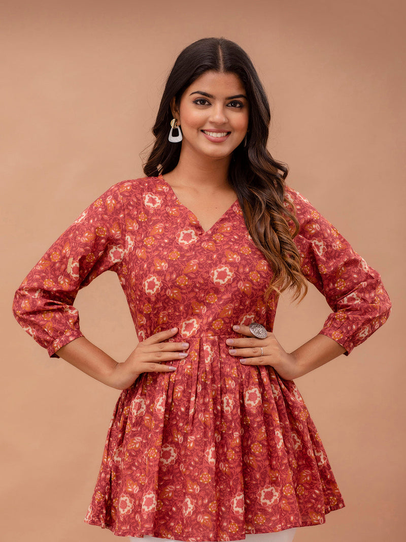 Floral Printed V-Neck Pure Cotton Pleated A-Line Kurti
