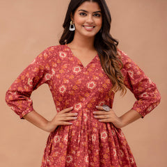Floral Printed V-Neck Pure Cotton Pleated A-Line Kurti