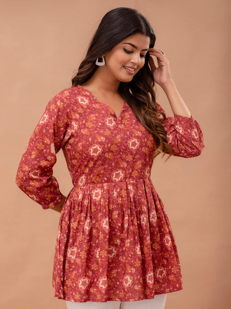Floral Printed V-Neck Pure Cotton Pleated A-Line Kurti