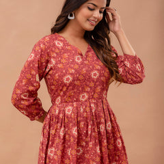 Floral Printed V-Neck Pure Cotton Pleated A-Line Kurti