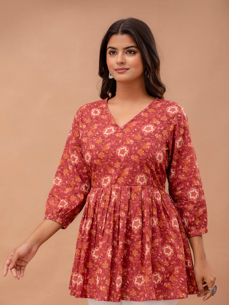 Floral Printed V-Neck Pure Cotton Pleated A-Line Kurti