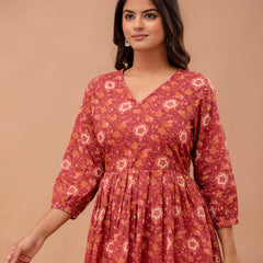 Floral Printed V-Neck Pure Cotton Pleated A-Line Kurti
