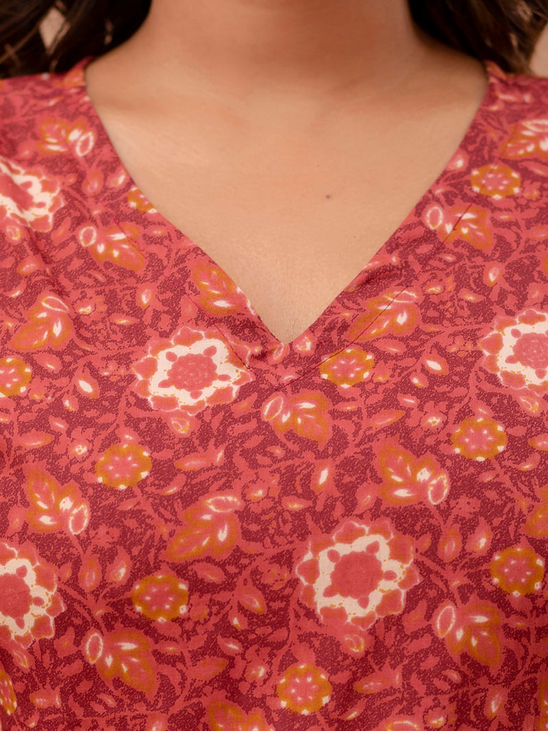 Floral Printed V-Neck Pure Cotton Pleated A-Line Kurti