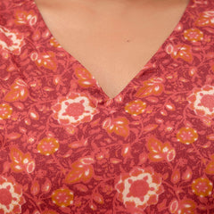 Floral Printed V-Neck Pure Cotton Pleated A-Line Kurti