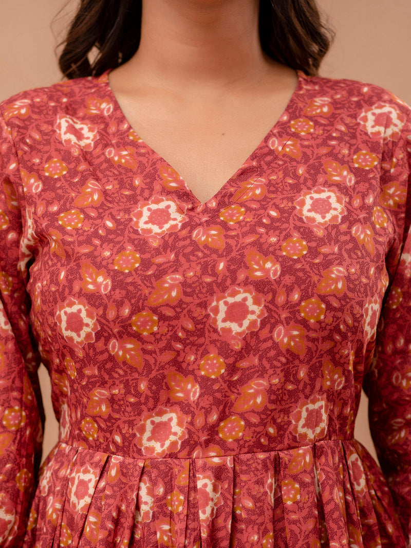 Floral Printed V-Neck Pure Cotton Pleated A-Line Kurti