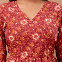 Floral Printed V-Neck Pure Cotton Pleated A-Line Kurti
