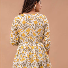 Floral Printed V-Neck Pure Cotton Pleated A-Line Kurti