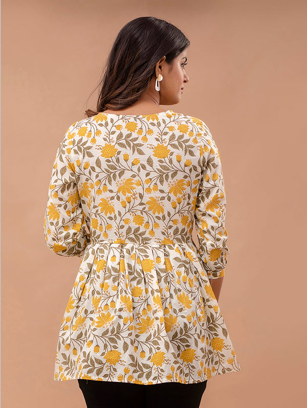 Floral Printed V-Neck Pure Cotton Pleated A-Line Kurti