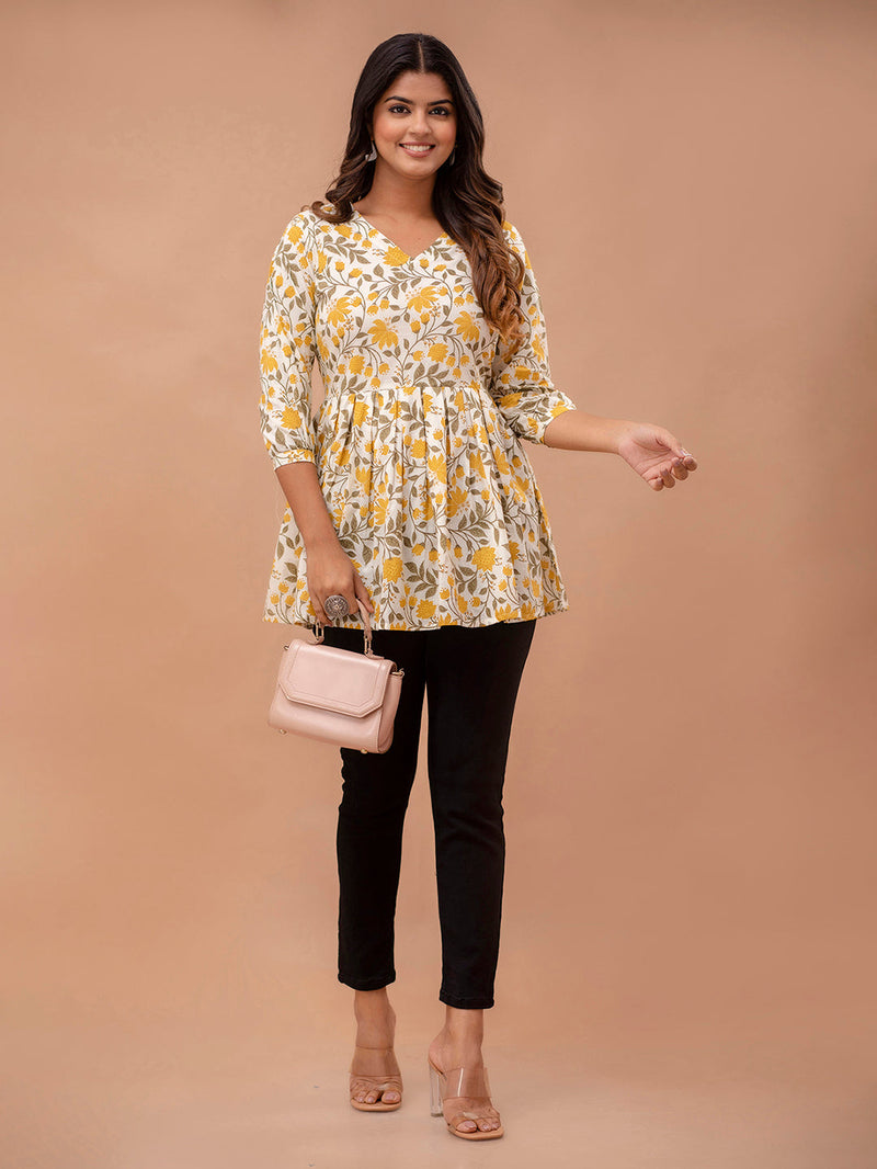 Floral Printed V-Neck Pure Cotton Pleated A-Line Kurti