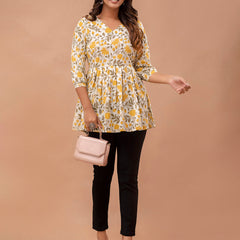 Floral Printed V-Neck Pure Cotton Pleated A-Line Kurti