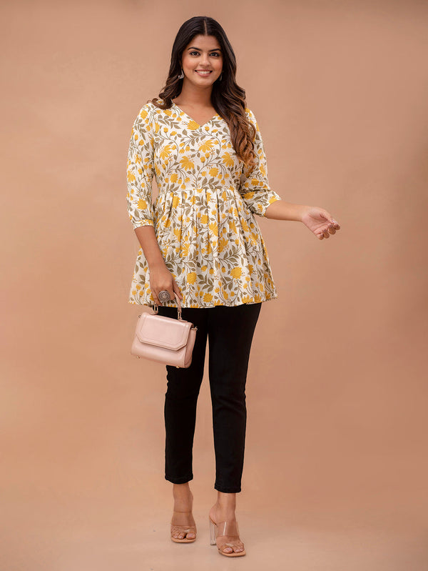 Floral Printed V-Neck Pure Cotton Pleated A-Line Kurti