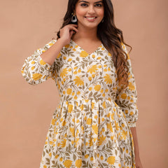 Floral Printed V-Neck Pure Cotton Pleated A-Line Kurti