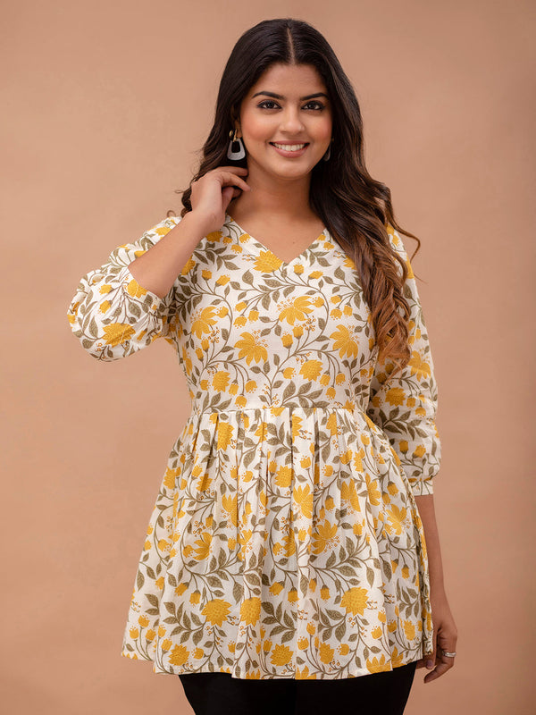 Floral Printed V-Neck Pure Cotton Pleated A-Line Kurti