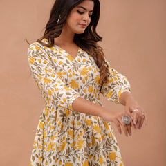 Floral Printed V-Neck Pure Cotton Pleated A-Line Kurti