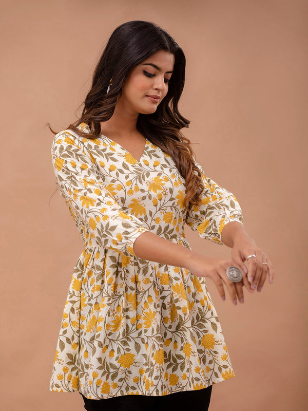 Floral Printed V-Neck Pure Cotton Pleated A-Line Kurti