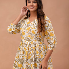 Floral Printed V-Neck Pure Cotton Pleated A-Line Kurti
