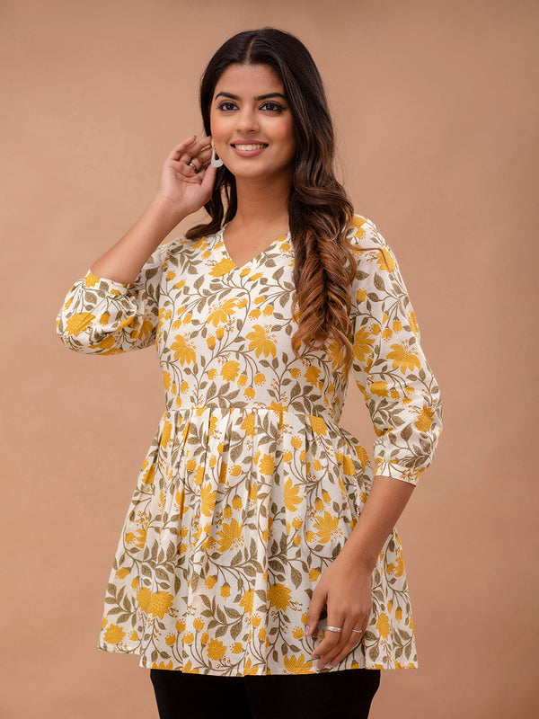 Floral Printed V-Neck Pure Cotton Pleated A-Line Kurti