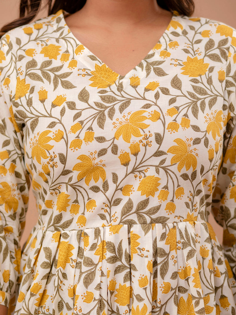 Floral Printed V-Neck Pure Cotton Pleated A-Line Kurti