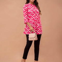 Floral Printed Pure Cotton Pleated A-Line Kurti