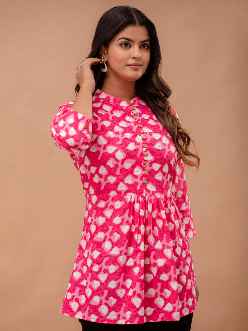 Floral Printed Pure Cotton Pleated A-Line Kurti