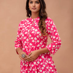 Floral Printed Pure Cotton Pleated A-Line Kurti