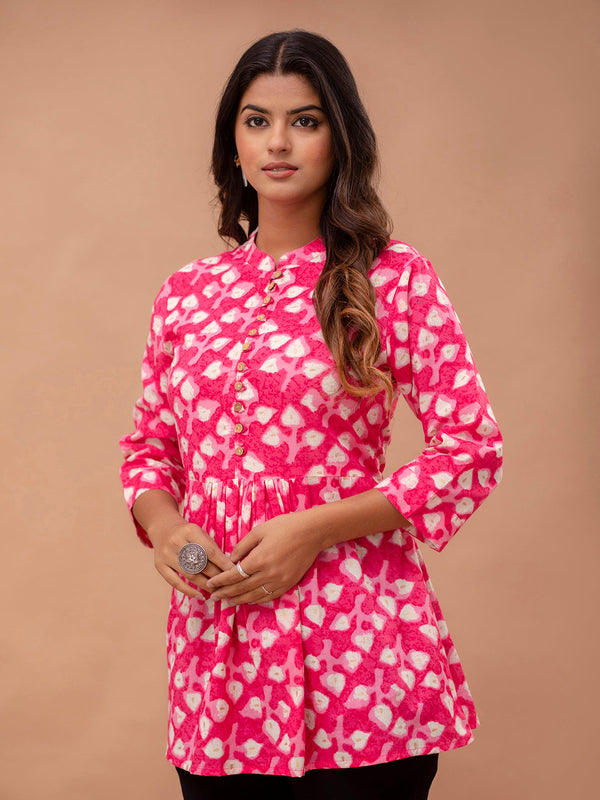 Floral Printed Pure Cotton Pleated A-Line Kurti